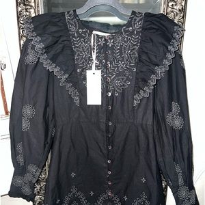 LoveShackFancy Tullia Black Ruffle Sleeve Embroidered Mini Dress - Size 0